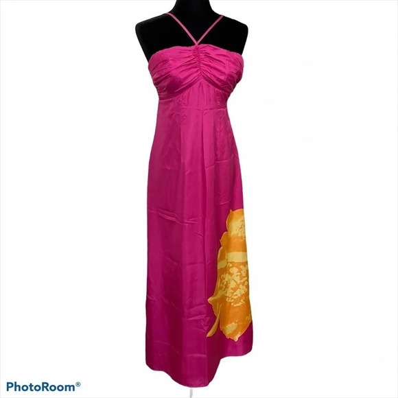 Express Y2K 90’ 100% Silk Pink Maxi Dress w/ flower detail - Picture 16 of 17